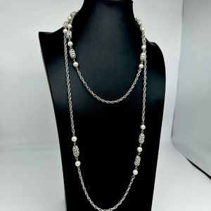 SIGNED SARAH COVENTRY vintage long Pearl silver Necklace Classic Timeless  3/$40